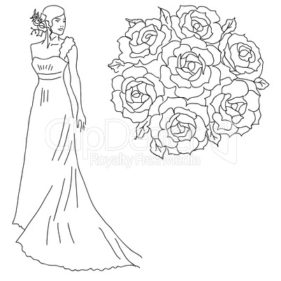 Silhouette of a bride with a bouquet of flowers.