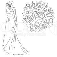 Silhouette of a bride with a bouquet of flowers.