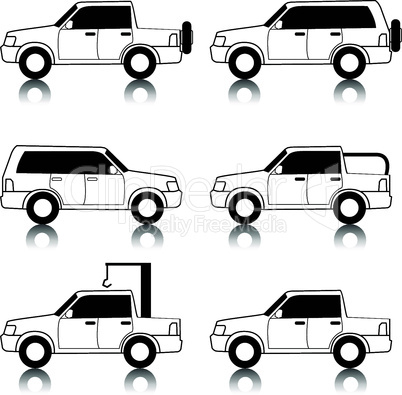 Set of vector icons - transportation symbols. Black on white. Cars, vehicles. Car body.