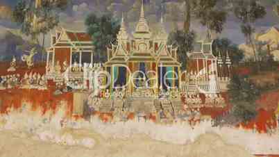 Ruined frescoes and paintings on wall, art in Phnom Penh