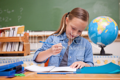 Smiling schoolgirl doing classwork