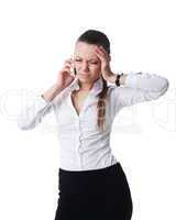 Tired young business woman talk on phone isolated