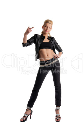 blond young aggressive woman portrait - fuck sign