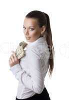 young sexy business woman take a bundle of dollars