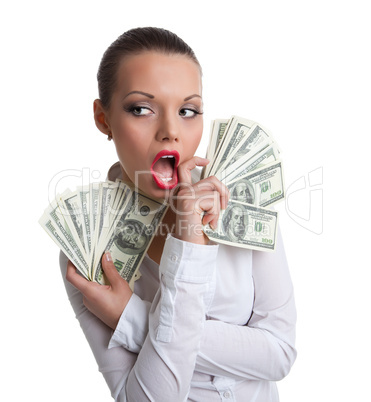 young sexy woman with bundle of money wipe a mouth