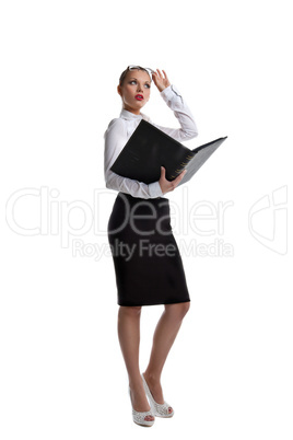 Sexy business woman stand with big ledger book