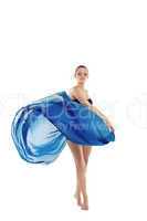 Young woman dance with fly blue cloth
