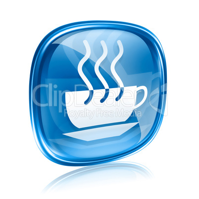 coffee cup icon blue glass, isolated on white background.