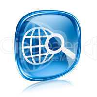 globe and magnifier icon blue glass, isolated on white backgroun