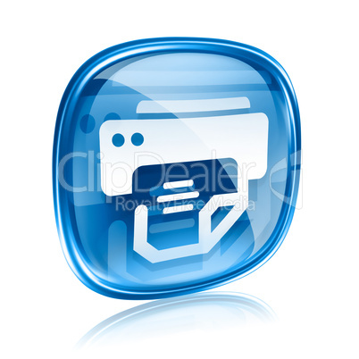 printer icon blue glass, isolated on white background.