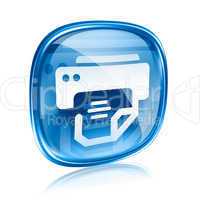 printer icon blue glass, isolated on white background.