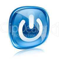 power icon blue glass, isolated on white background.