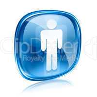 men icon blue glass, isolated on white background.