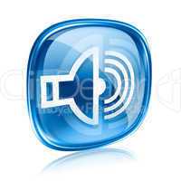 speaker icon blue glass, isolated on white background.