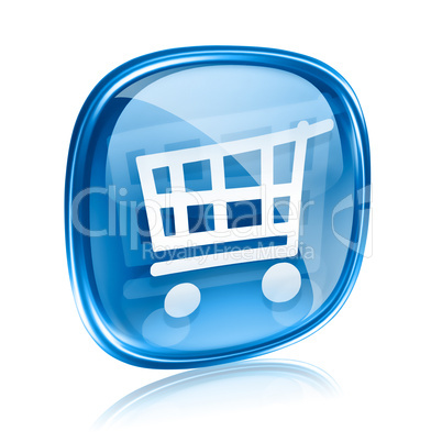 shopping cart icon blue glass, isolated on white background.