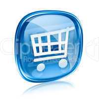 shopping cart icon blue glass, isolated on white background.