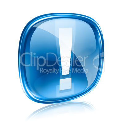 Exclamation symbol icon blue glass, isolated on white background