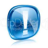 Exclamation symbol icon blue glass, isolated on white background