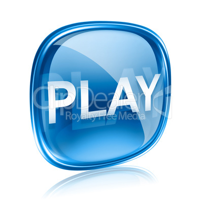Play icon blue glass, isolated on white background