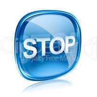 Stop icon blue glass, isolated on white background