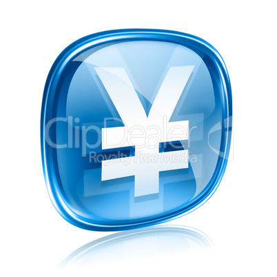 Yen icon blue glass, isolated on white background