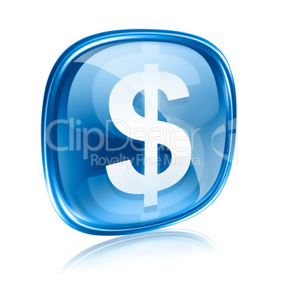 dollar icon blue glass, isolated on white background