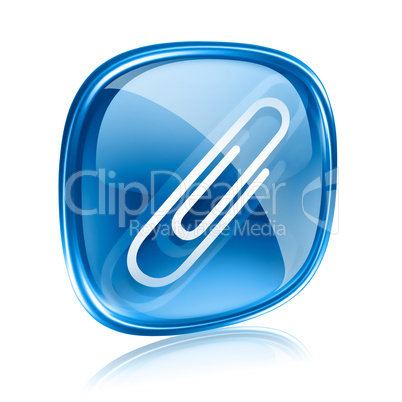 Paperclip icon blue glass, isolated on white background