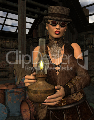 Frau im Steampunk Look mit Lampe