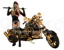 sexy Frau im Motorradkleidung mit Motorrad