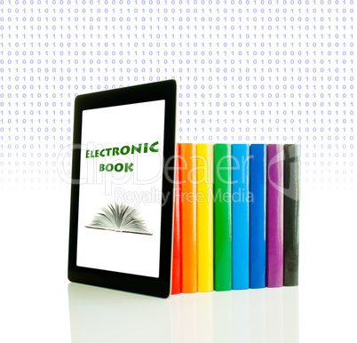 Row of colorful books and tablet PC over white background Row of colorful books and tablet PC over white background