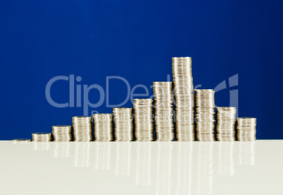 Coins stacked in bars against blue background