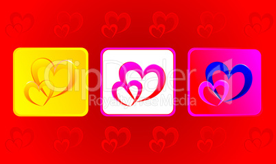 Two hearts illustration in three variations against red backgrou