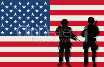 Armed soldiers and flag