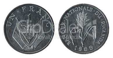 Rwanda Coin on the white background (1985 year)