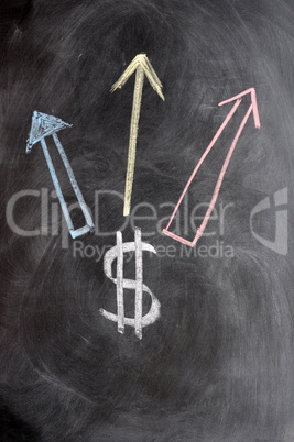 US Dollar symbol with up arrows written on blackboard