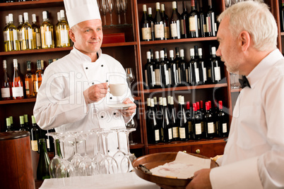 Chef cook drink coffee waiter tray restaurant