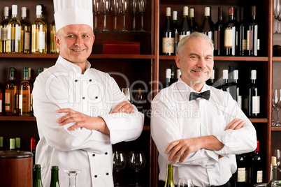 Chef cook and waiter restaurant wine bar