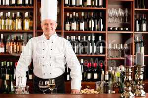 Chef cook wine bar standing confident restaurant