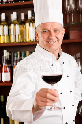 Chef cook wine bar hold glass restaurant