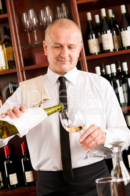 Waiter serve wine glass happy restaurant