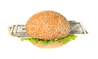 Hamburger with money on the white background