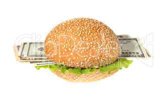 Hamburger with money on the white background