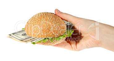 Hamburger with money in hand on white background