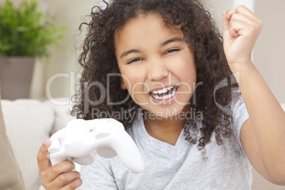 Happy Mixed Race African American Girl Child Playing Video Games