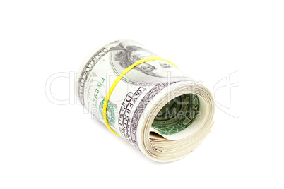 Dollars rolled into a tube tied with an elastic band isolated on