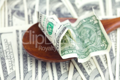 Dollars in the wooden spoon on dollars background