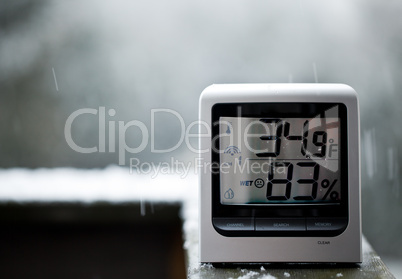 Snow falling behind thermometer