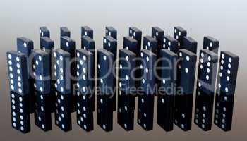 Dominoes standing on reflective surface