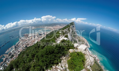 Fisheye view of Gibraltar rock, bay and town from the Upper Rock