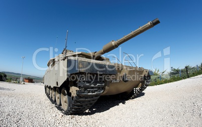 Fisheye view of Israeli Merkava Mark IV tank in Latrun Armored Corps museum